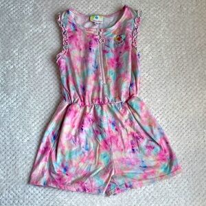 6 Samara Girls tie dye romper w ruffles, flower zipper, and balloon patch